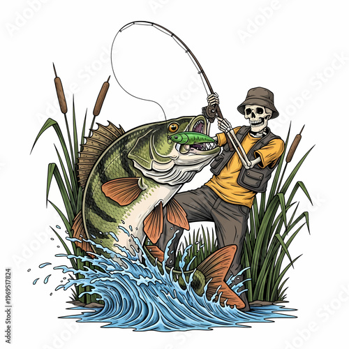 Skeleton fisherman catching a large perch fish in the lake with vintage woodcut style illustration