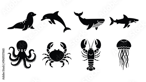 A collection of marine life including seals dolphins whales sharks octopus and crustaceans in silhouette high quality professional detailed modern elegant
