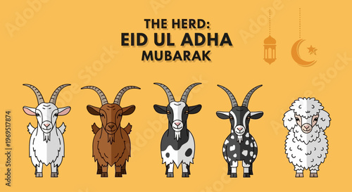 Festive cartoon vector illustration for Eid al-Adha, featuring a variety of farm animals including goats and a sheep, accompanied by traditional lanterns on a warm yellow background