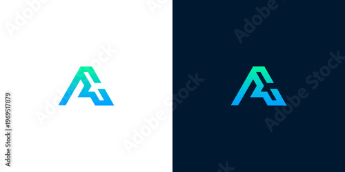 Modern abstract letter A logo design with a gradient of blue and green on a white and dark blue background, representing technology and innovation