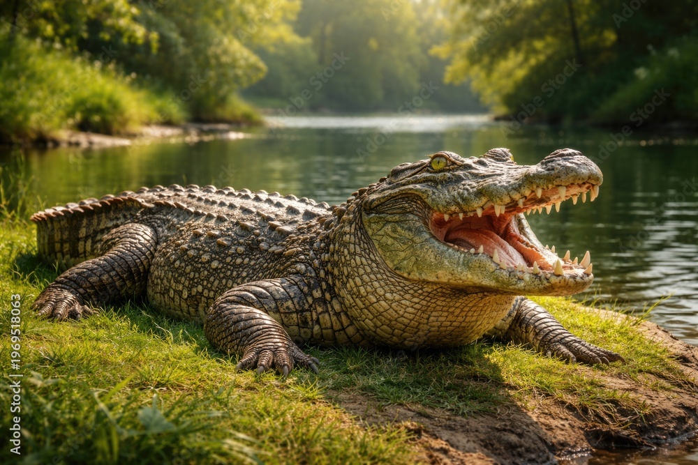 Obraz premium Happy pet crocodile lounging on grassy riverbank full length summer day