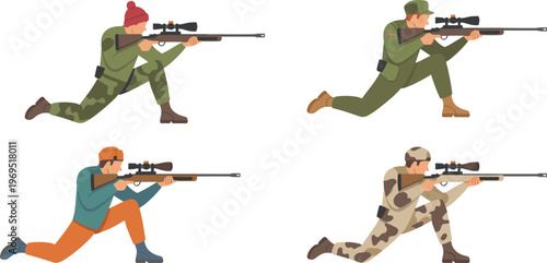 Military sniper character set featuring soldier in kneeling shooting pose with camouflage uniform and rifle scope vector.