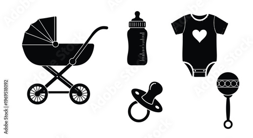 Baby essentials collection featuring stroller bottle pacifier onesie and rattle.