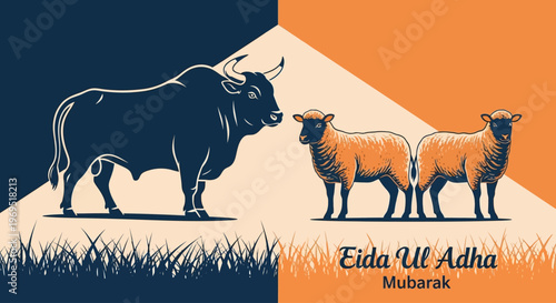 Vibrant illustration of a majestic bull and two sheep, symbolizing an important festive occasion of devotion, sacrifice, and community