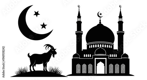 Islamic Holiday Icon Set Mosque, Sacrificial Goat, and Crescent Moon with Stars for Muslim Festival Celebration
