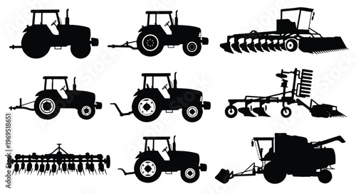Collection of various agricultural machinery silhouettes for farming and cultivation.