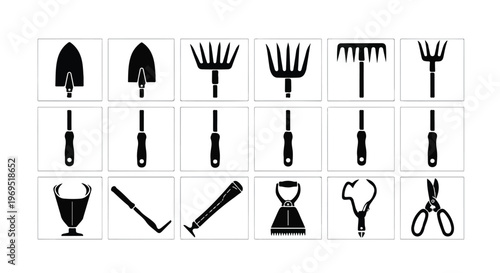 Collection of various gardening tools and agricultural implements in silhouette.