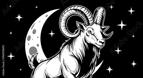 Illustrious Capricorn Zodiac Sign Illustration with Crescent Moon and Stars