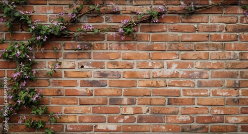 Timeworn brick wall background entwined by flowering vines decorated with petite purple flowers