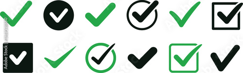 Green and Black Check Mark Icon Set for Verification and Success Signs