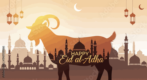 Happy Eid al-Adha Celebration Vector Illustration with Goat Silhouette and Intricate Islamic Cityscape Background Design