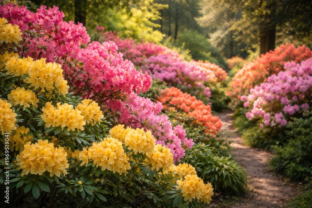 Obraz premium Colorful azalea and yellow rhododendron bushes in full bloom