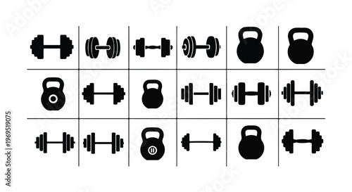 Collection of various gym equipment including dumbbells and kettlebells for fitness.
