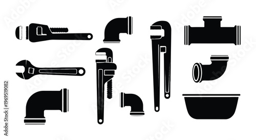 Plumbing tools and pipe fittings silhouettes on a white background.