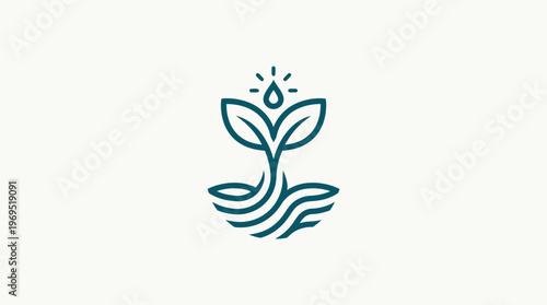 Minimalist Plant Logo with Water Drop and Waves