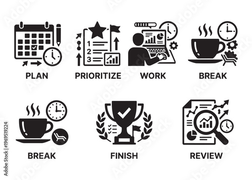 Business workflow vector illustration with plan prioritize work break finish review icons