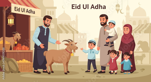 Eid al-Adha Celebration Family Selects Goat for Sacrifice with Merchants at Market Stall