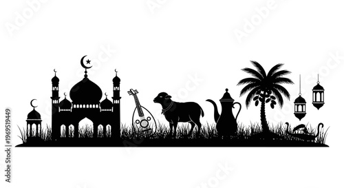 Elegant Black Silhouette Vector Depicting Islamic Culture, Eid Festival Celebrations, and Middle Eastern Heritage Symbols including Mosque, Sheep, and Lanterns