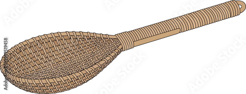 A woven rice spoon displays intricate craftsmanship and utility.