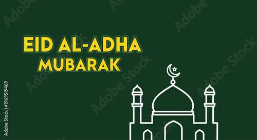 Eid al-Adha Mubarak Greeting Card Design with Mosque and Crescent Moon on Dark Green Background