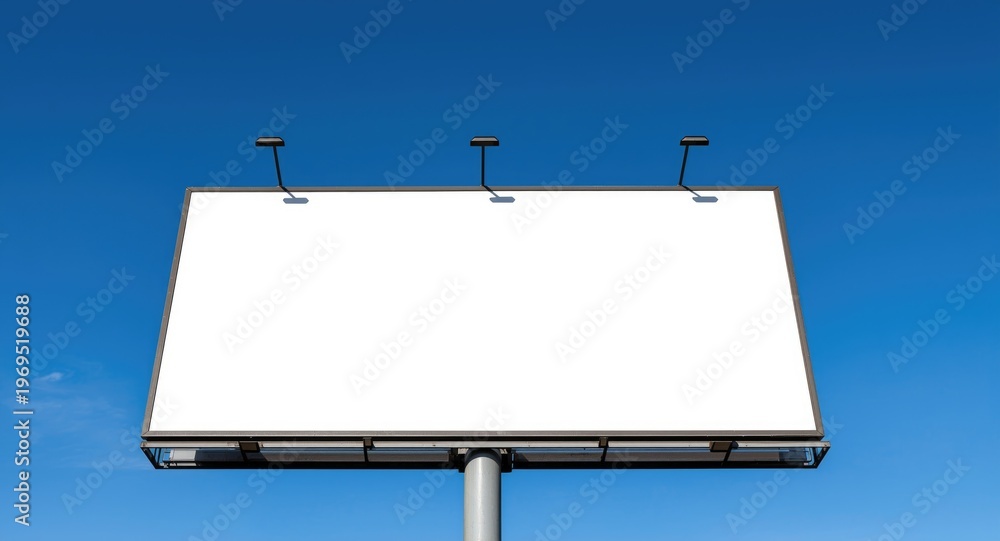 Obraz premium Unused outdoor advertising board under a bright blue sky backdrop