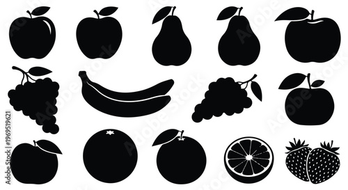 Assortment of fresh fruit silhouettes including apples, pears, bananas, grapes, oranges, and strawberries.