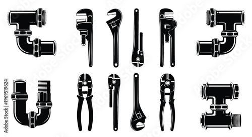 Collection of various plumbing tools and pipe fittings in black and white.