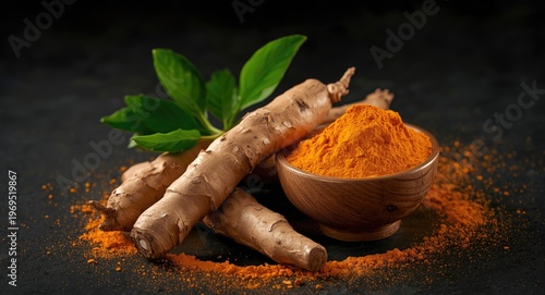 Fresh turmeric root with pl...