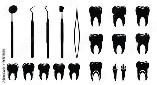 Dental tools and teeth silhouettes for oral health and dentistry.