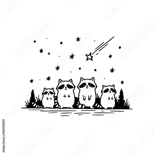 Four raccoons sitting under a starry night sky with a shooting star black and white illustration