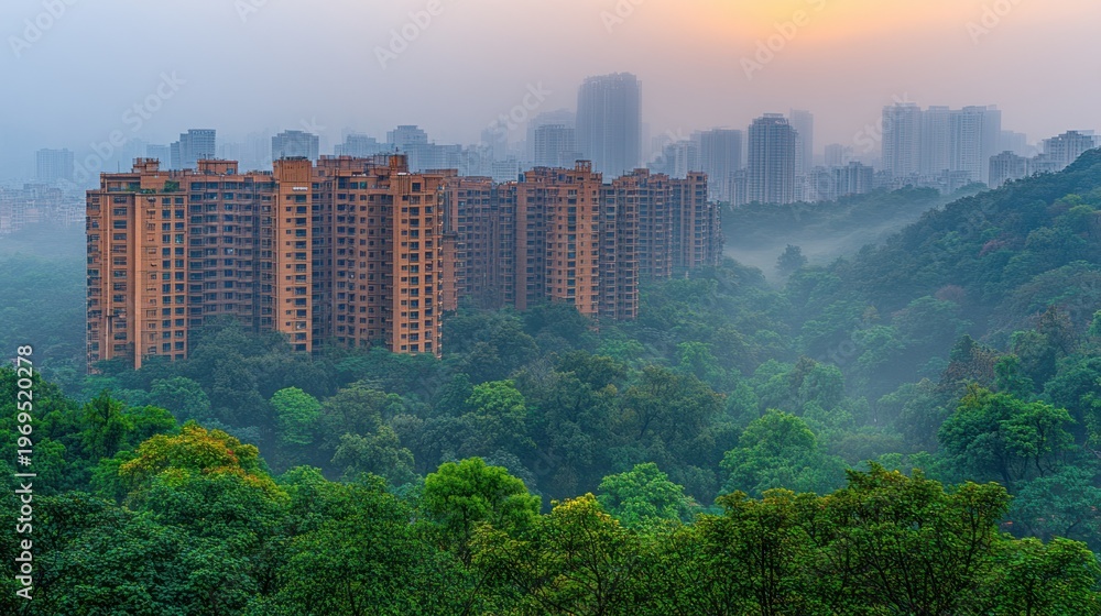 Obraz premium Misty cityscape with high-rise buildings and lush green forest