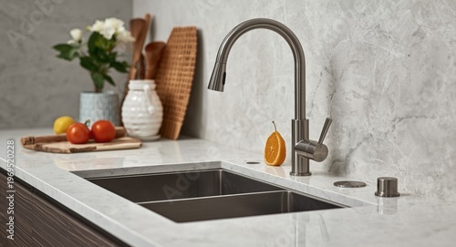 Sleek metal sink paired wit...