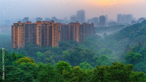 Misty cityscape with high-rise buildings and lush green forest