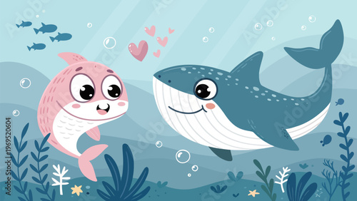 Cute cartoon shark and whale swimming together underwater with sea plants and bubbles in soft colors