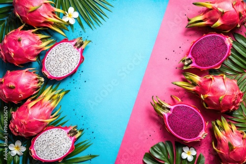 Flat lay of fresh dragon fruit on vibrant blue and pink backdrop with copy space