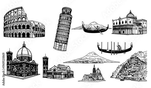 Italian Landmarks and Culture Vector Collection – Black & White Sketch Illustrations for Travel and Architecture