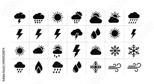Diverse weather icons set for forecasting and meteorological applications.