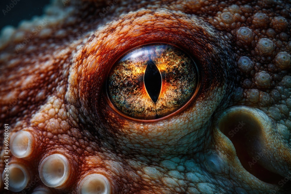 Naklejka premium Close-Up of Octopus Eye with Textured Skin Background