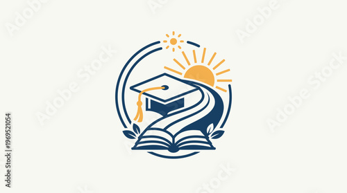 Circular Educational Logo with Graduation Cap and Book
