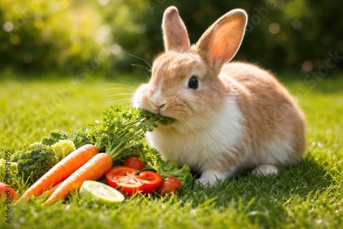 Happy pet rabbit nibbling f...
