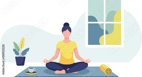 Peaceful woman meditating at home for inner peace, stress relief, and mental clarity, promoting a balanced and mindful lifestyle for well-being
