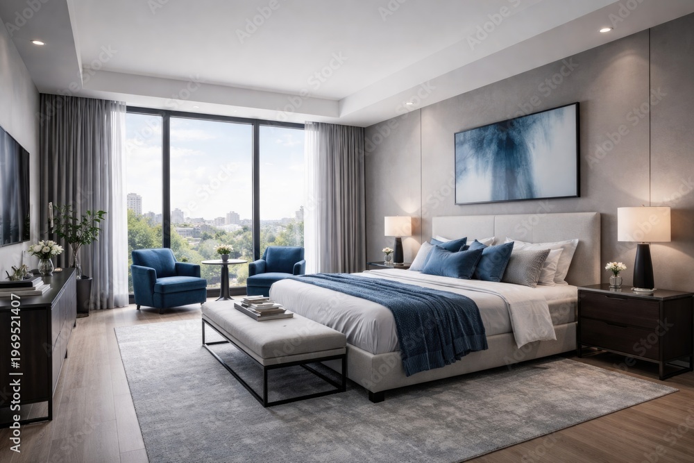 Fototapeta premium Contemporary spacious bedroom featuring sleek grey walls and large windows with blue accent decor