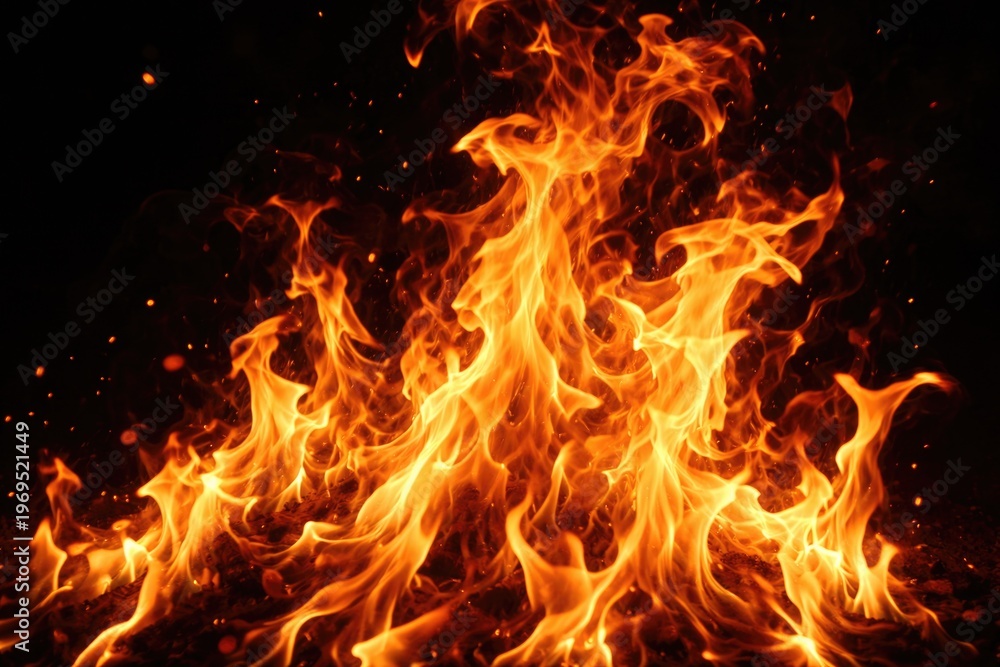 Fototapeta premium Close up of realistic blazing fire flames with intense movement on dark black background