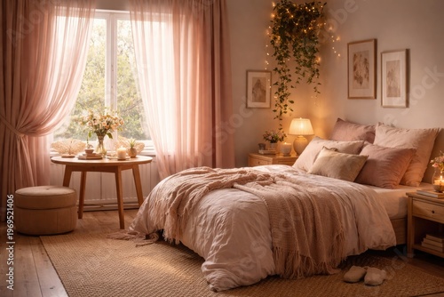Cozy pink bedroom with soft...