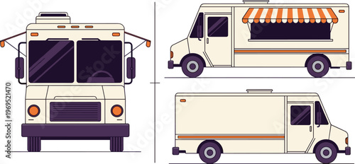 Food Truck Vector Icon Set with Different Perspectives for Street Food Business, Mobile Catering, and Fast Food Services