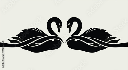 Elegant black swans form a heart shape, symbolizing love and romance.