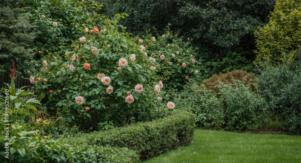 Naklejka premium Still garden corner boasting dense rose bushes and natural undergrowth