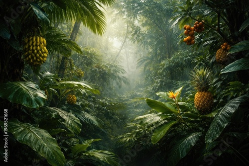 Dense tropical foliage back...