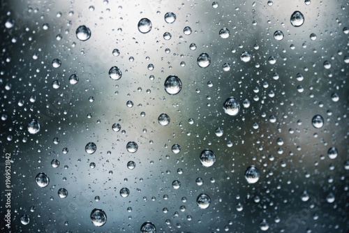 Close up macro shot of raindrops on glass highlighting water droplets with a blurred soft background