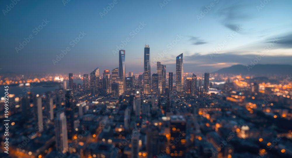Fototapeta premium Blurred panoramic city skyline highlighting innovative high rises